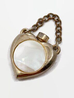 Vintage Perfume Pendant Charm:  Heart, Watch Fob, White, Mother of Pearl, Gold